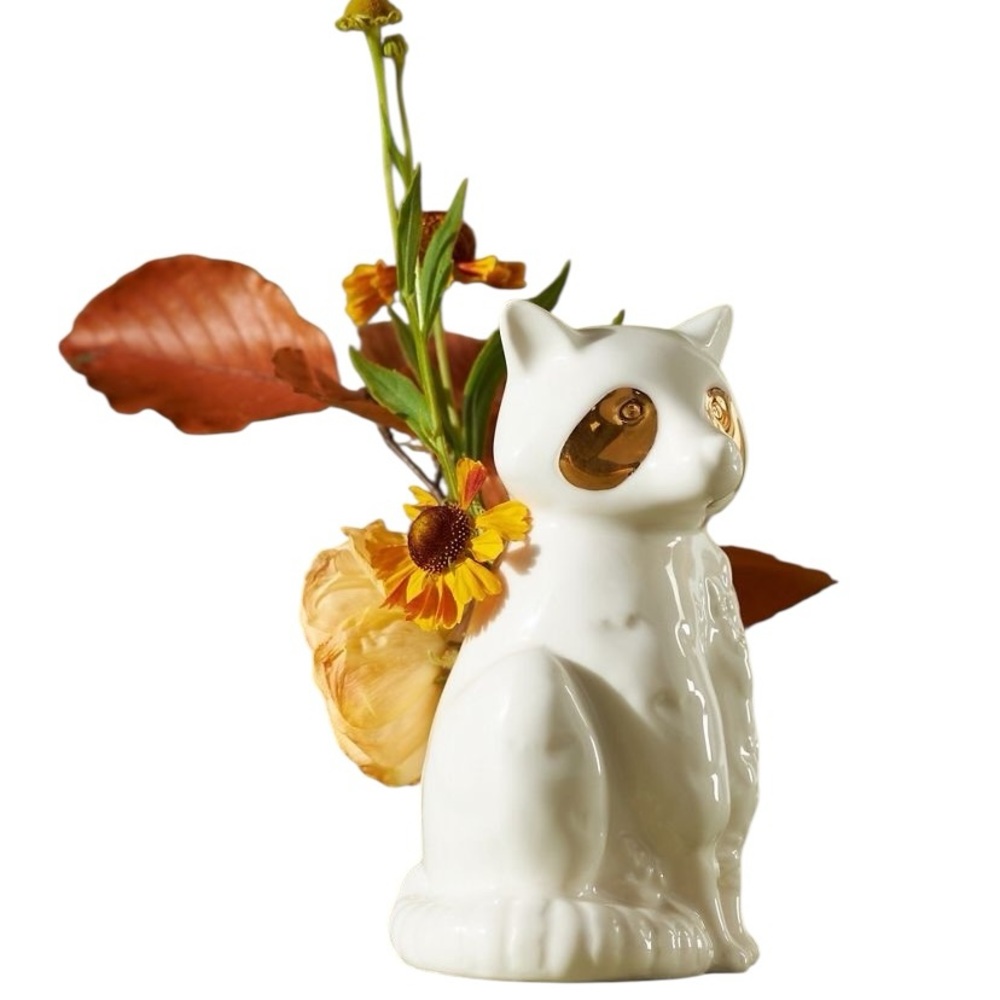 ANTHROPOLOGIE Ceramic Winter White Creature Bud Vase with Gold Accents